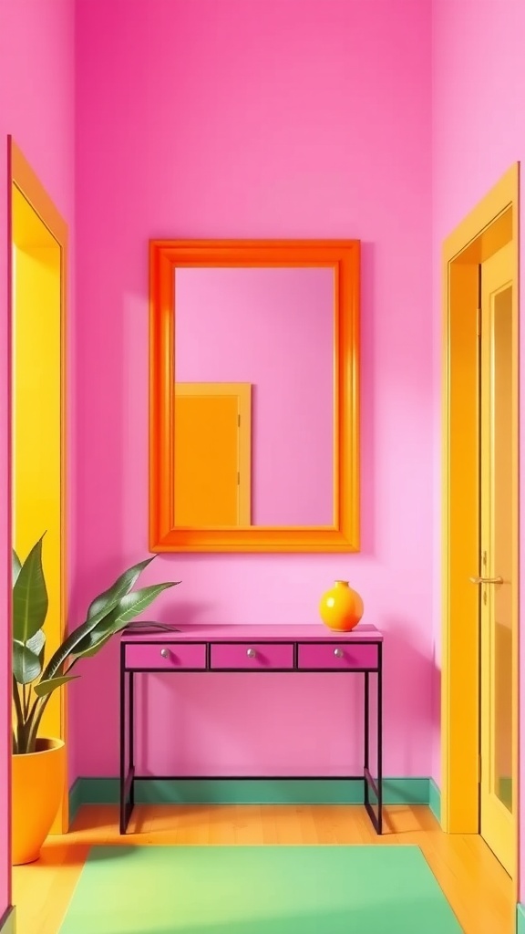 A colorful entryway featuring a bold orange-framed mirror on a pink wall, complemented by a stylish table and green accents.