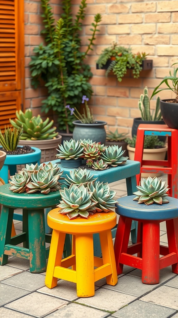 Colorful garden stools with succulents on top in a patio setting