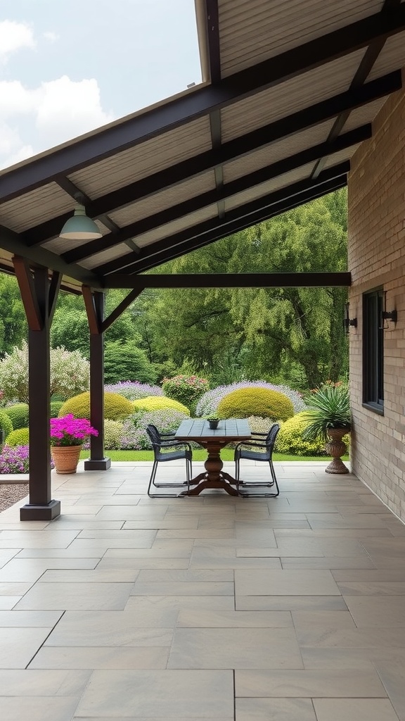 Covered patio with outdoor dining area overlooking a colorful garden.