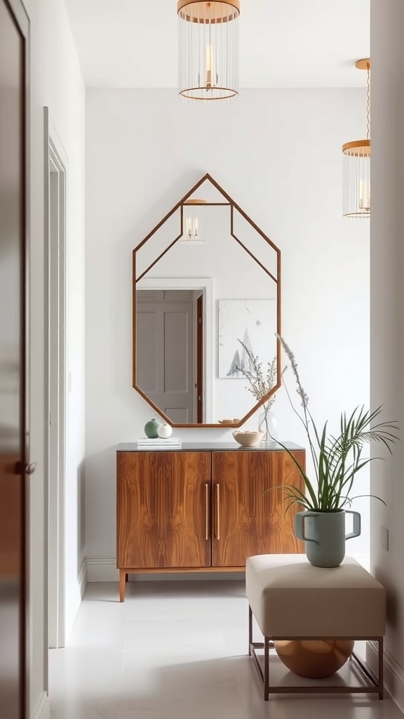 A modern entryway featuring a geometric mirror above a wooden console table with decorative plants.