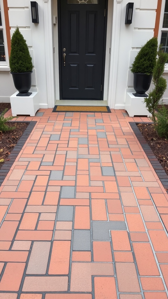 A brick walkway with geometric patterns leading to a front door, featuring various colored bricks.