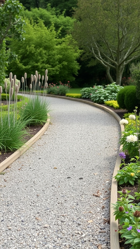 A winding gravel walkway bordered by wooden edging, surrounded by green plants and colorful flowers.