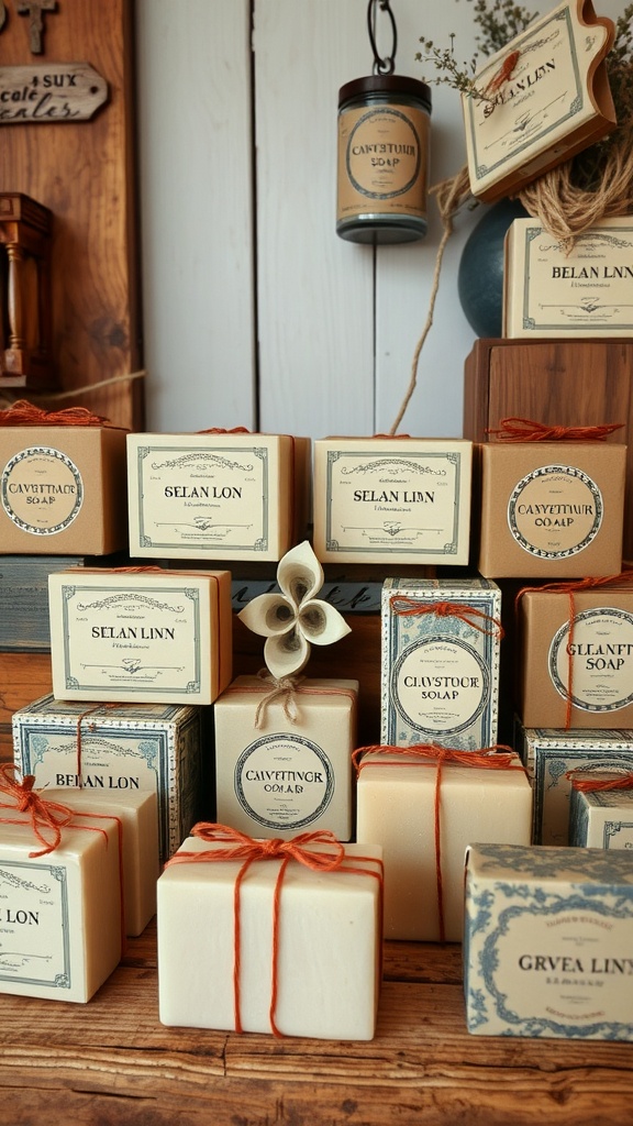 A display of various handcrafted soaps with vintage-style packaging.