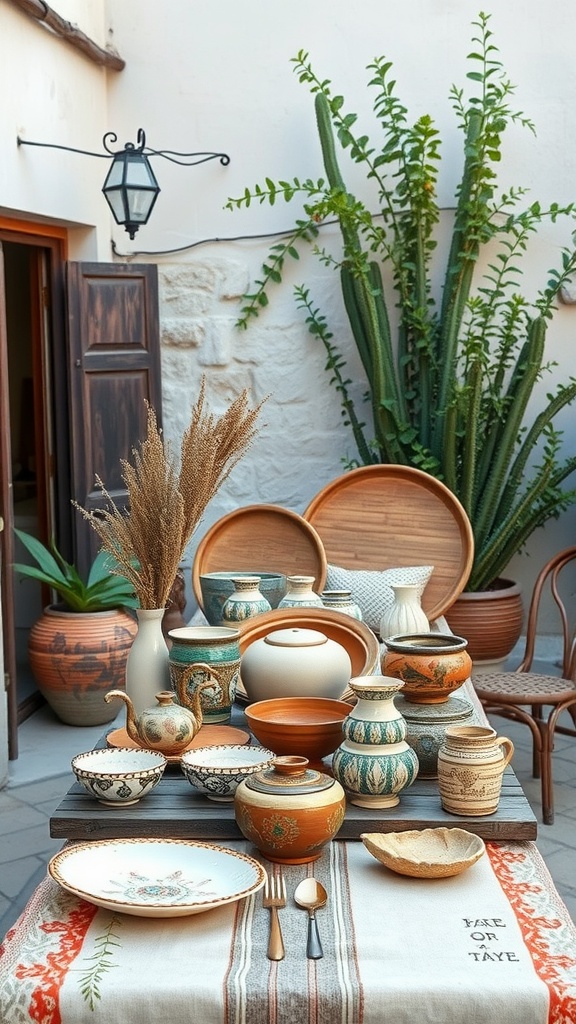 A collection of colorful handmade pottery and dishes displayed on a patio table.
