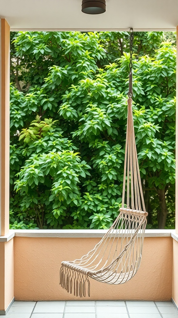 A cozy hanging hammock chair made of natural fibers, suspended from the ceiling with a backdrop of lush green foliage.