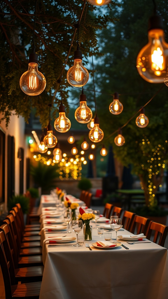Outdoor dining table beautifully set with hanging string lights overhead.