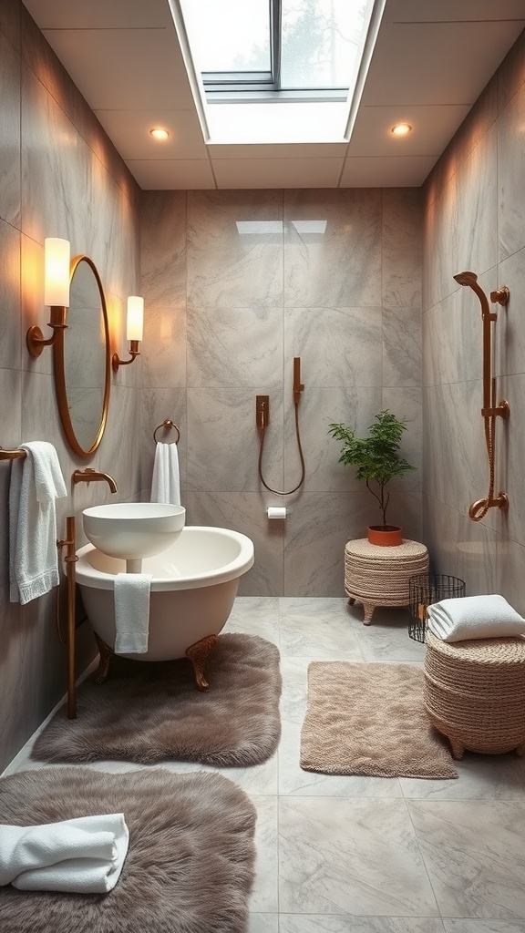 Luxurious bathroom with heated flooring and elegant decor