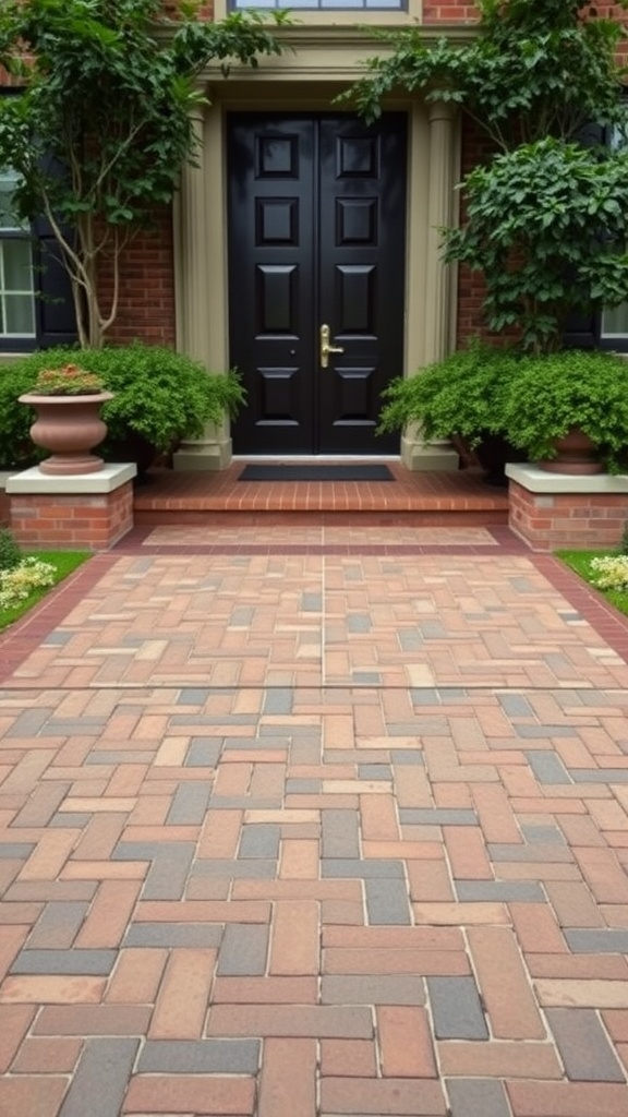 A herringbone pattern brick walkway leading to a front door, surrounded by greenery and decorative planters.