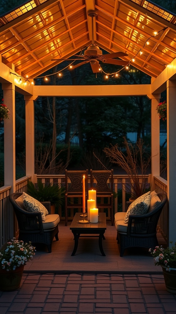 Cozy outdoor patio with string lights and candles for a romantic evening