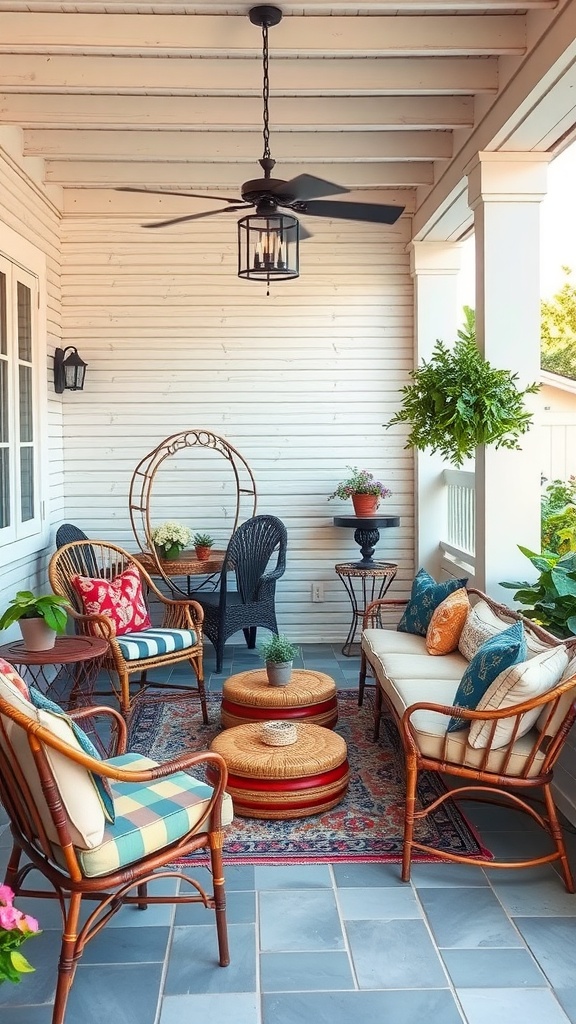 Cozy bohemian outdoor patio seating arrangement with various chairs, cushions, and decorative tables.