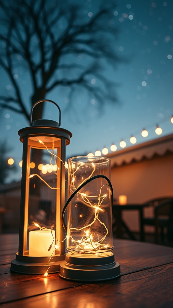 Two lanterns with fairy lights on a wooden table, creating a cozy outdoor atmosphere.