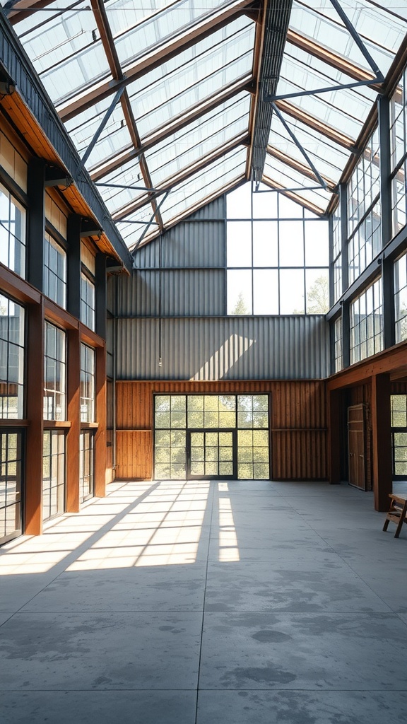 Interior view of a spacious room with large panoramic windows and a high ceiling.