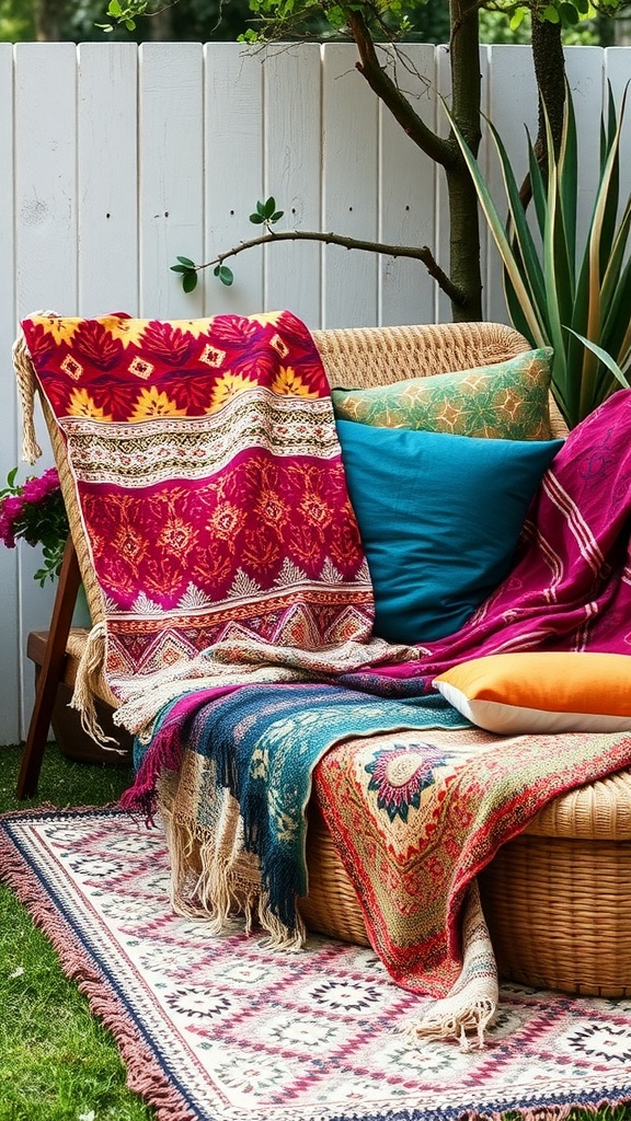 A cozy outdoor patio setting featuring layered textiles and colorful throws.