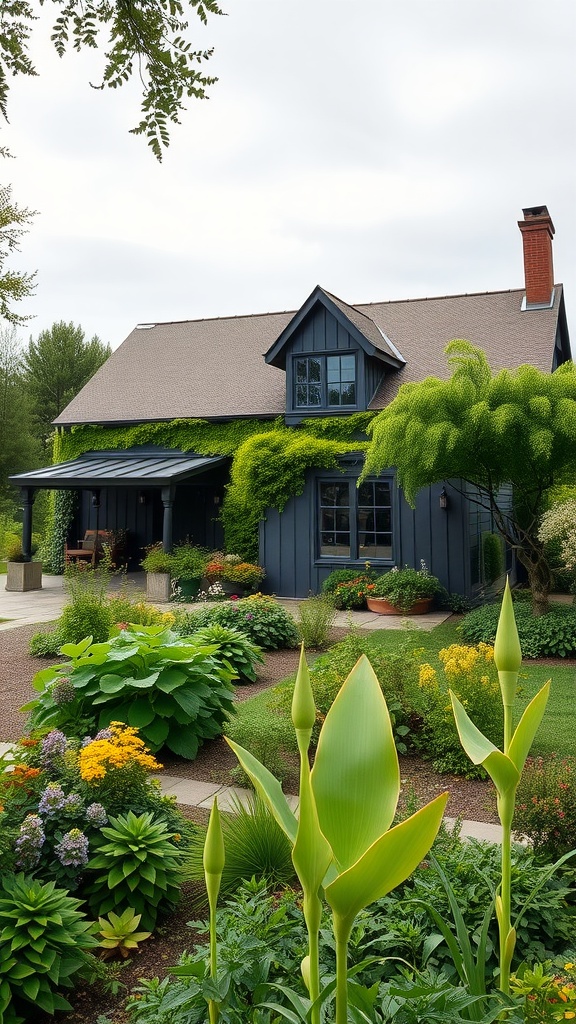 An industrial farmhouse with a dark blue exterior surrounded by lush landscaping and colorful flowers.