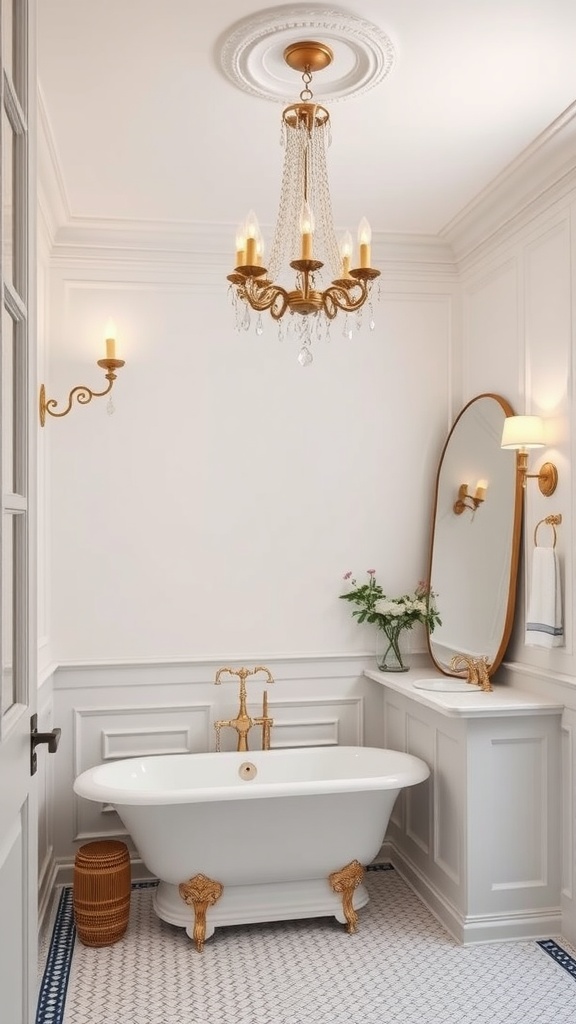 Luxurious bathroom featuring a chandelier and elegant sconces for lighting.