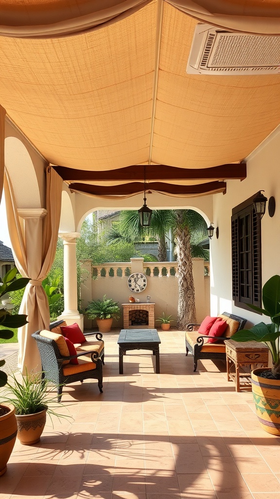A covered patio featuring canvas drapes, comfortable seating, and potted plants.