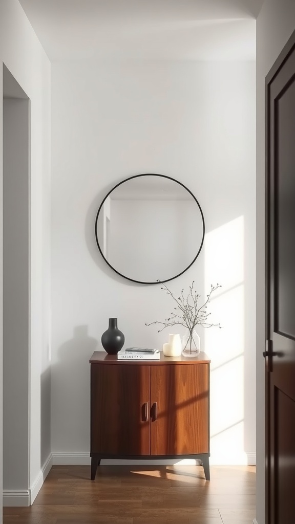 A minimalist entryway featuring a round mirror above a wooden console table, styled with a vase and a book.
