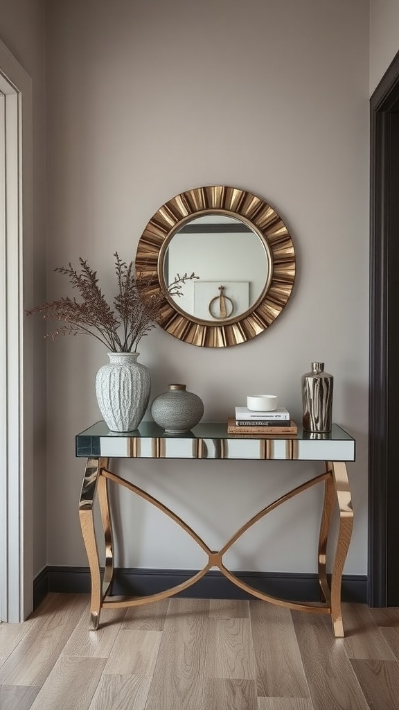A stylish mirrored accent table with a decorative vase and other items in an entryway.