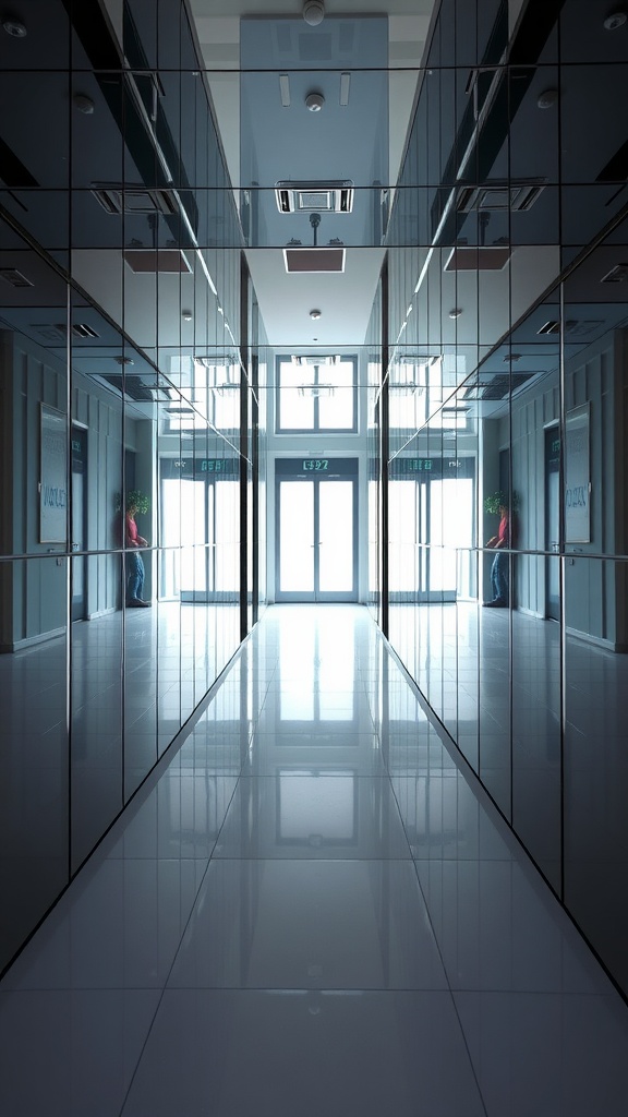 A modern entryway featuring mirrored wall panels, reflecting light and creating an illusion of space.
