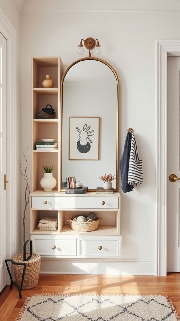 A stylish foyer mirror with built-in storage, featuring shelves and drawers for organization.