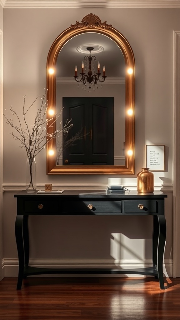 A stylish foyer mirror with decorative lighting above a black console table.