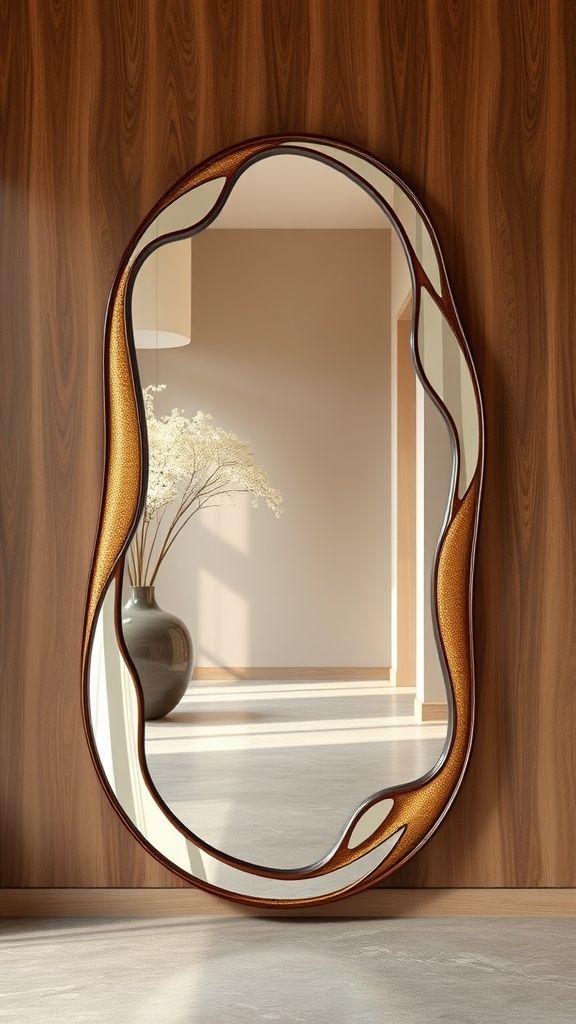 A large, organic-shaped mirror with a wooden frame reflecting a light-filled entryway.