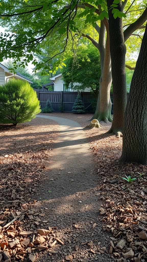 A serene backyard walkway made of mulch, framed by trees and greenery.