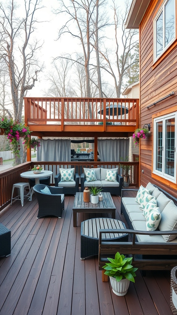 A multi-level wooden deck with comfortable seating arrangements, surrounded by trees and flowers.