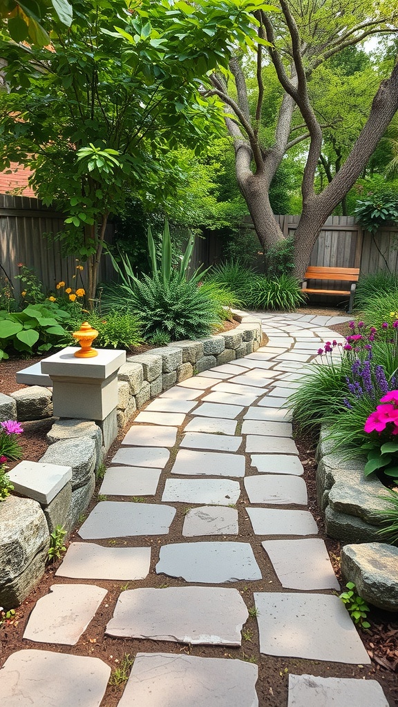 Natural stone pathway in a green backyard surrounded by plants and flowers