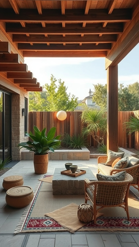 Boho outdoor patio featuring natural wood and stone elements