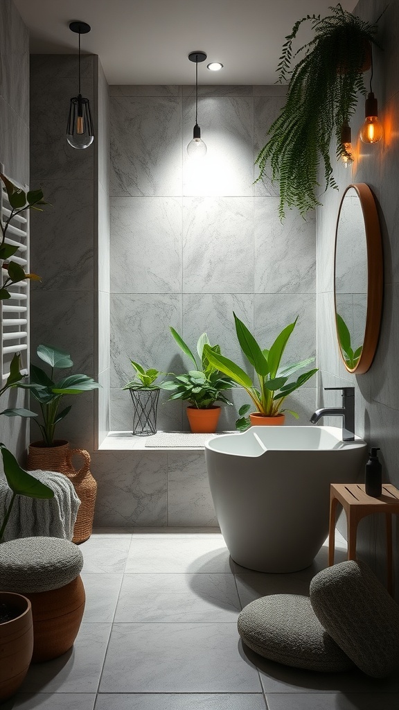 A luxurious bathroom featuring plants, a freestanding tub, and natural decor elements.