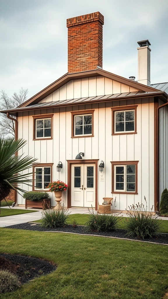 A charming industrial farmhouse with a neutral color palette featuring white siding and a brick chimney.
