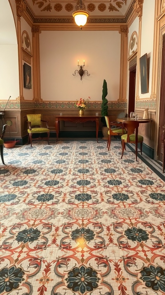 A beautifully tiled floor showcasing intricate old-world patterns with floral designs.