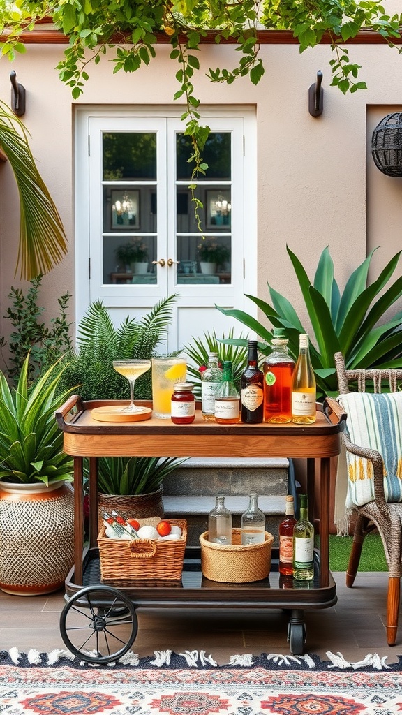 A beautifully arranged outdoor bar cart with drinks, fruit, and snacks surrounded by plants.
