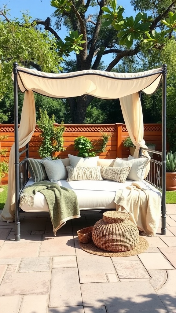 A cozy outdoor daybed with a canopy, surrounded by plants and soft pillows.