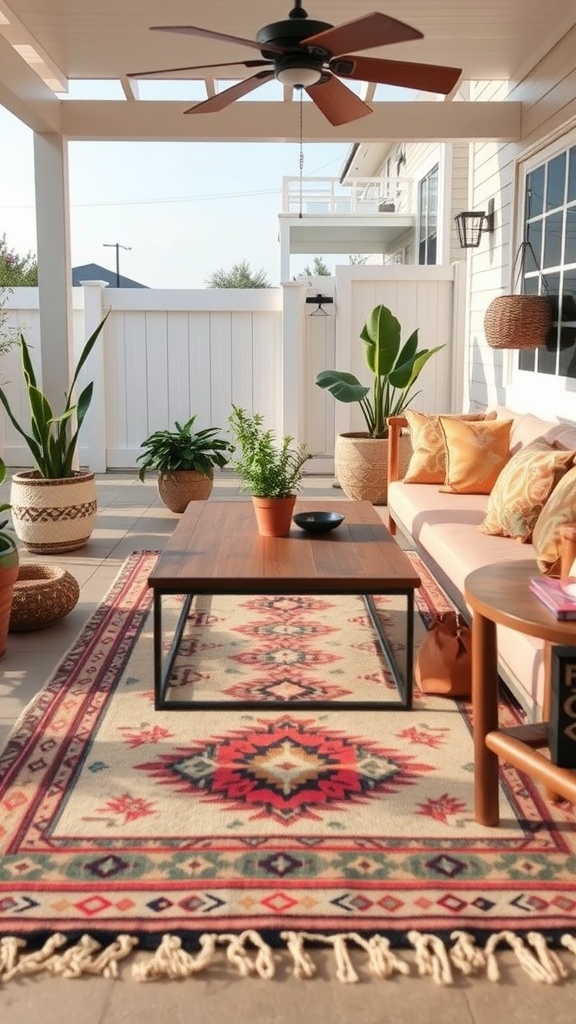 A cozy outdoor patio decorated with a tribal patterned rug, plants, and comfortable seating.