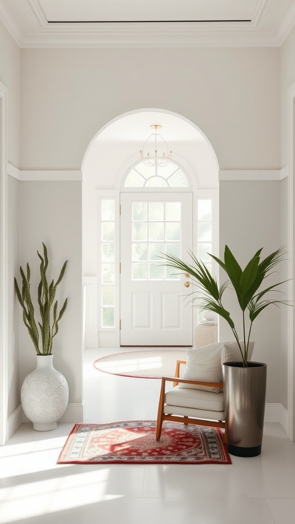 A bright entryway featuring a round mirror, plants, and a decorative rug