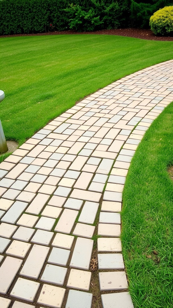 Curved backyard walkway made of rectangular paver stones bordered by green grass