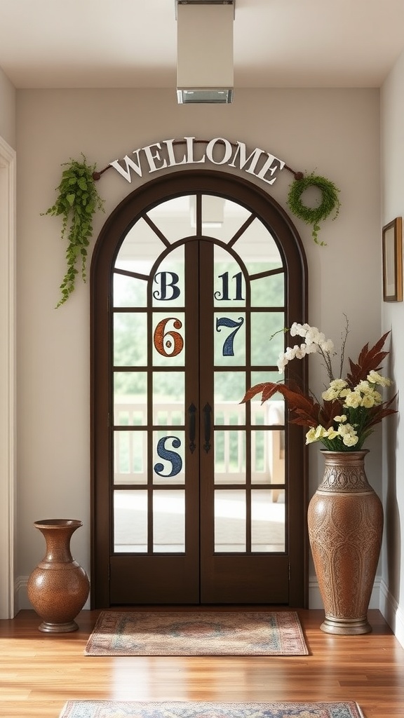 A welcoming entryway with a decorative door and personalized elements, enhancing the aesthetic.