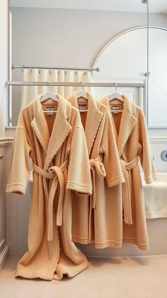 Three plush bathrobes displayed in a stylish bathroom