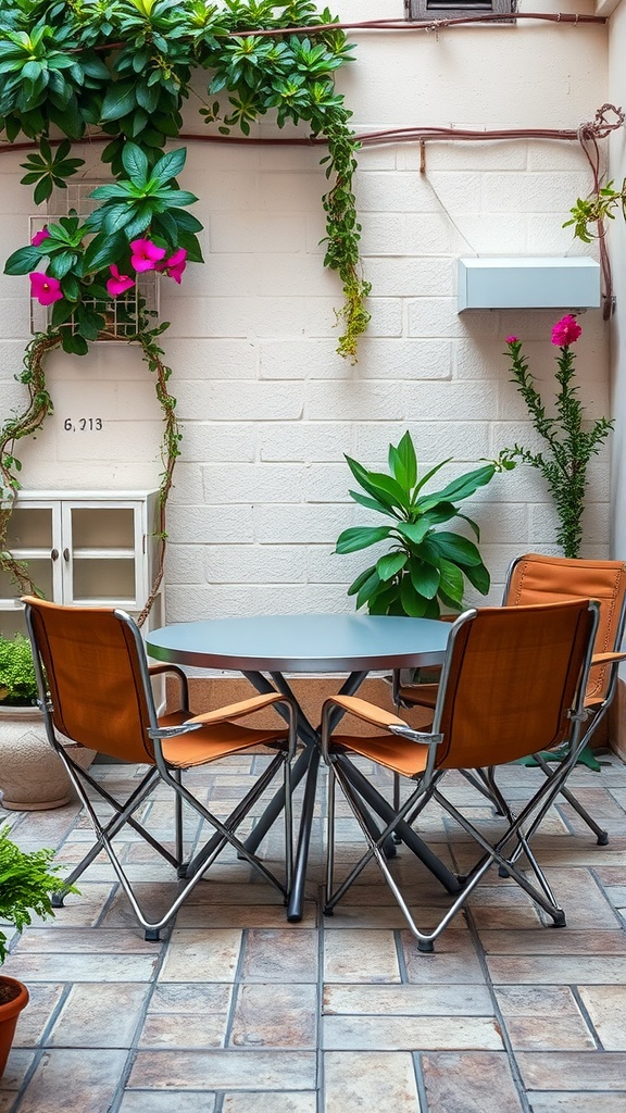 A small patio with a round table surrounded by portable folding chairs and green plants.