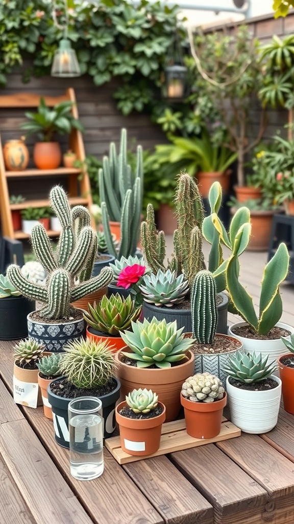 A variety of potted succulents and cacti arranged on a patio table.