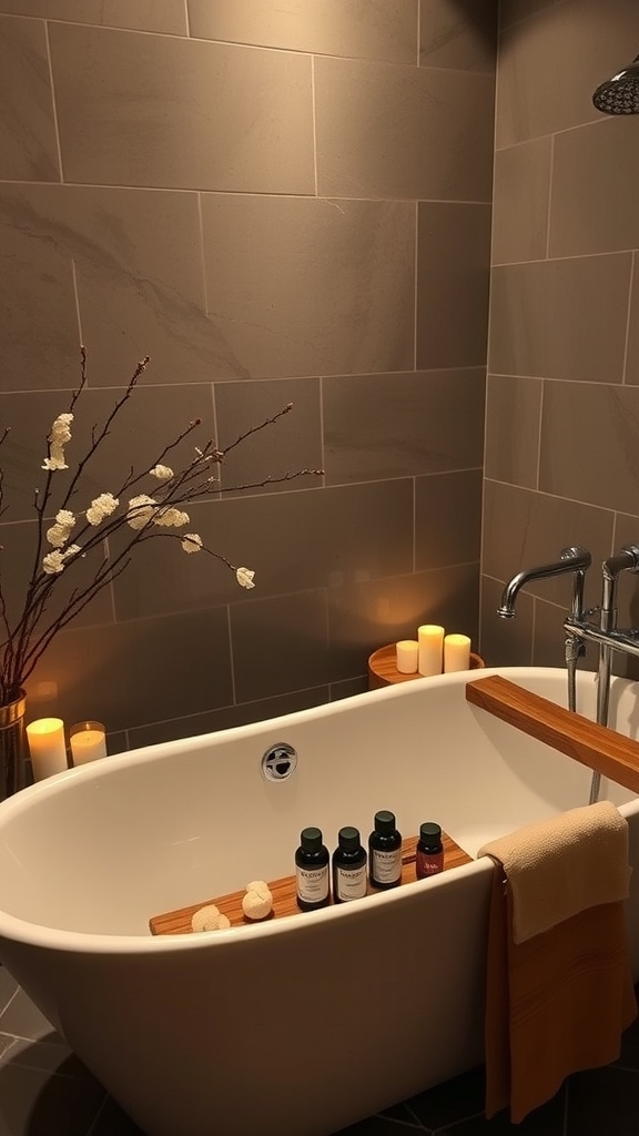 A luxurious bathroom featuring a white bathtub with a wooden tray, candles, and bath products, creating a serene atmosphere.