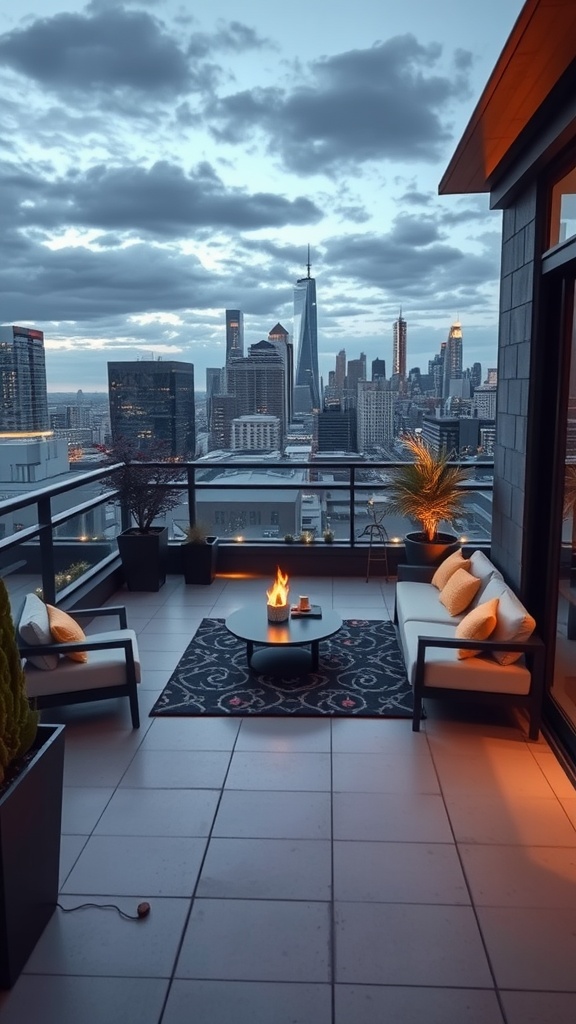 A cozy rooftop garden lounge with modern seating, a fire pit, and city skyline views.