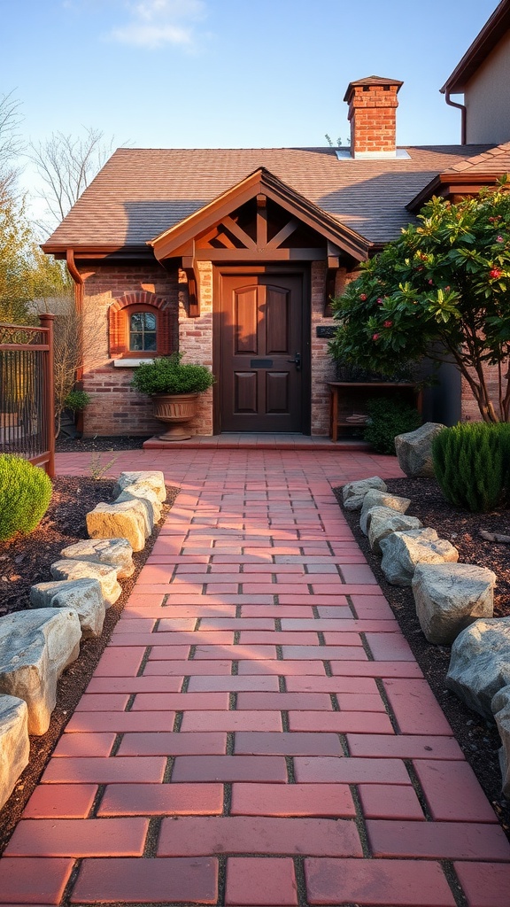 A rustic brick walkway leading to a front door, flanked by natural stone edging and greenery.