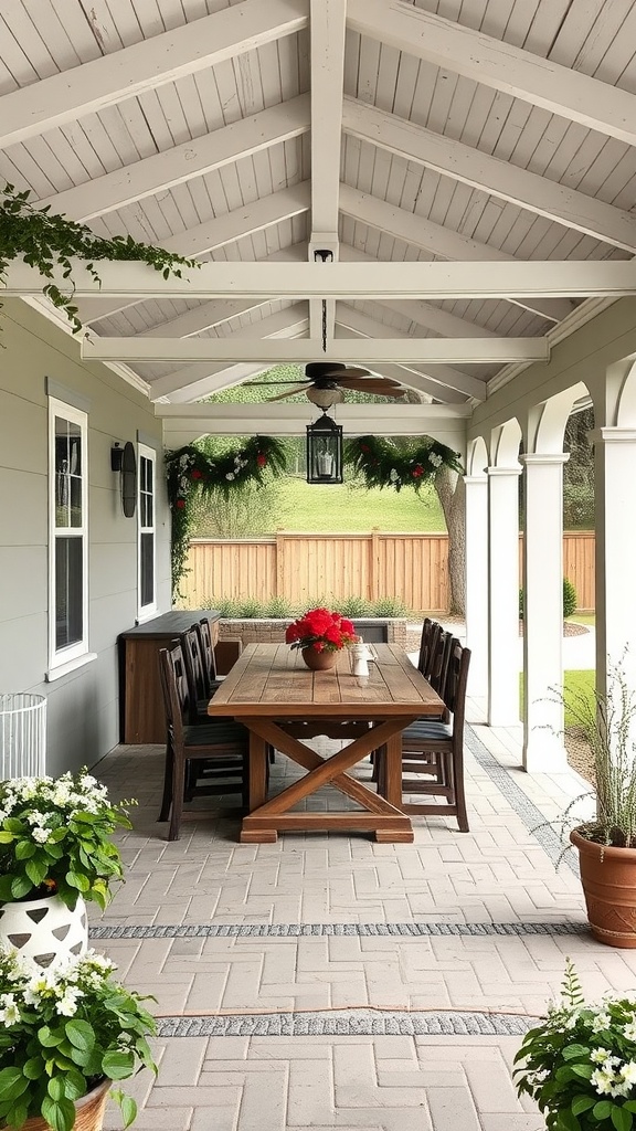 Rustic farmhouse style outdoor dining area on a covered patio with wooden table and flower pots.