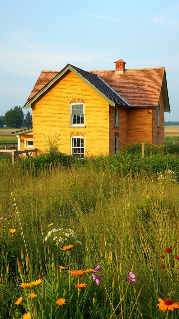 A rustic farmhouse with yellow brick exterior