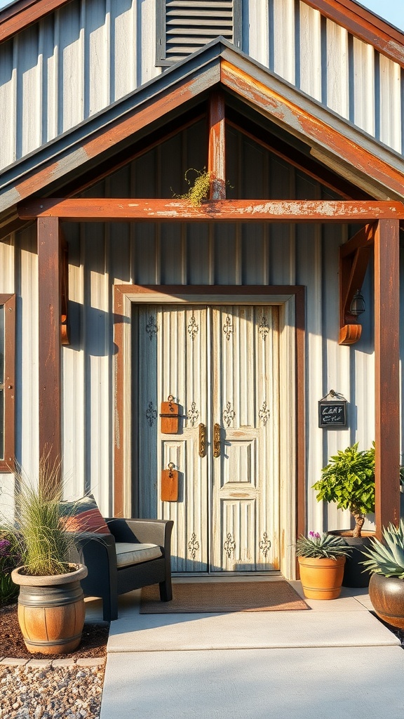 A rustic farmhouse entryway featuring metal siding, a detailed wooden door, and potted plants.