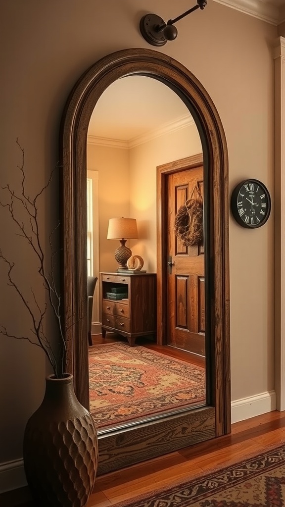 A rustic wood framed mirror reflecting a cozy entryway with a vase and decor