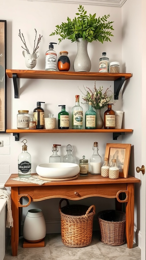 A rustic wooden sink table with shelves displaying vintage jars and greenery in a stylish bathroom.